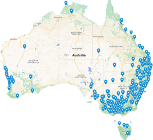 Map of Mobile Screening locations across Australia showing workplace health screening coverage in all states and territories