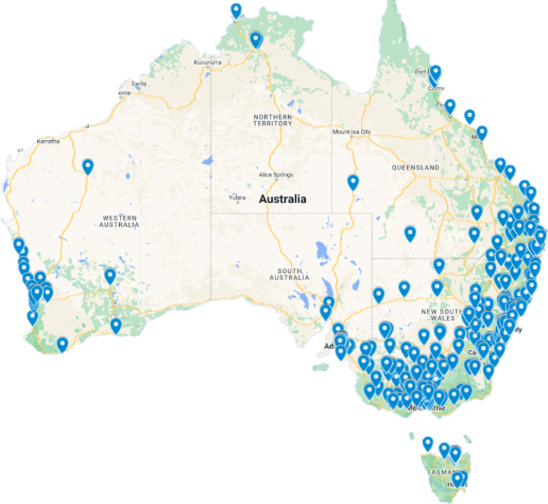 Map of Mobile Screening locations across Australia showing workplace health screening coverage in all states and territories